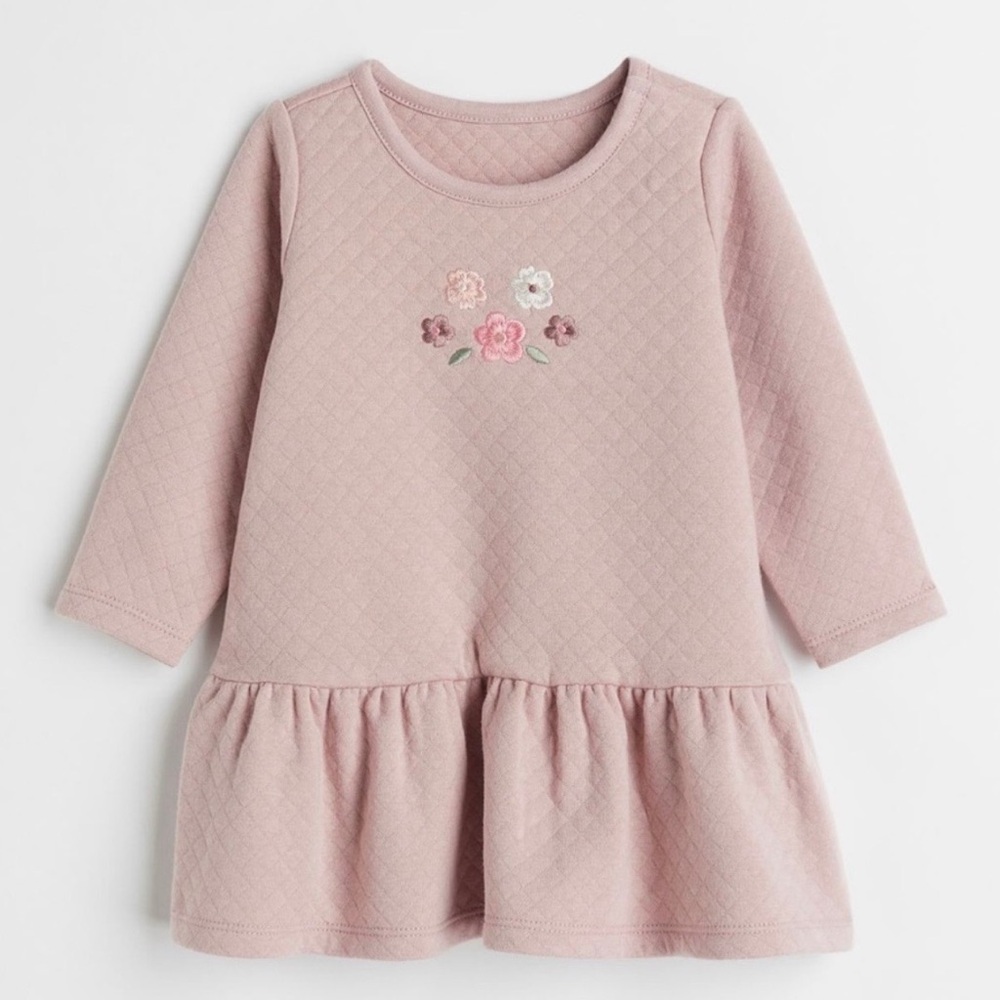 Pink Quilted Baby Dress with Floral Embroidery